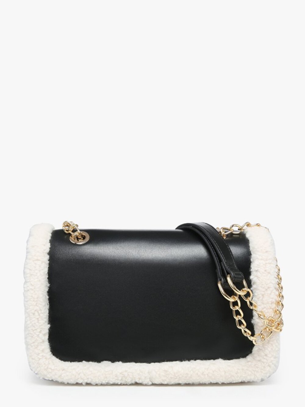 NWT Jen & Co Coco Sherpa Trim Crossbody With Chain Strap In Black